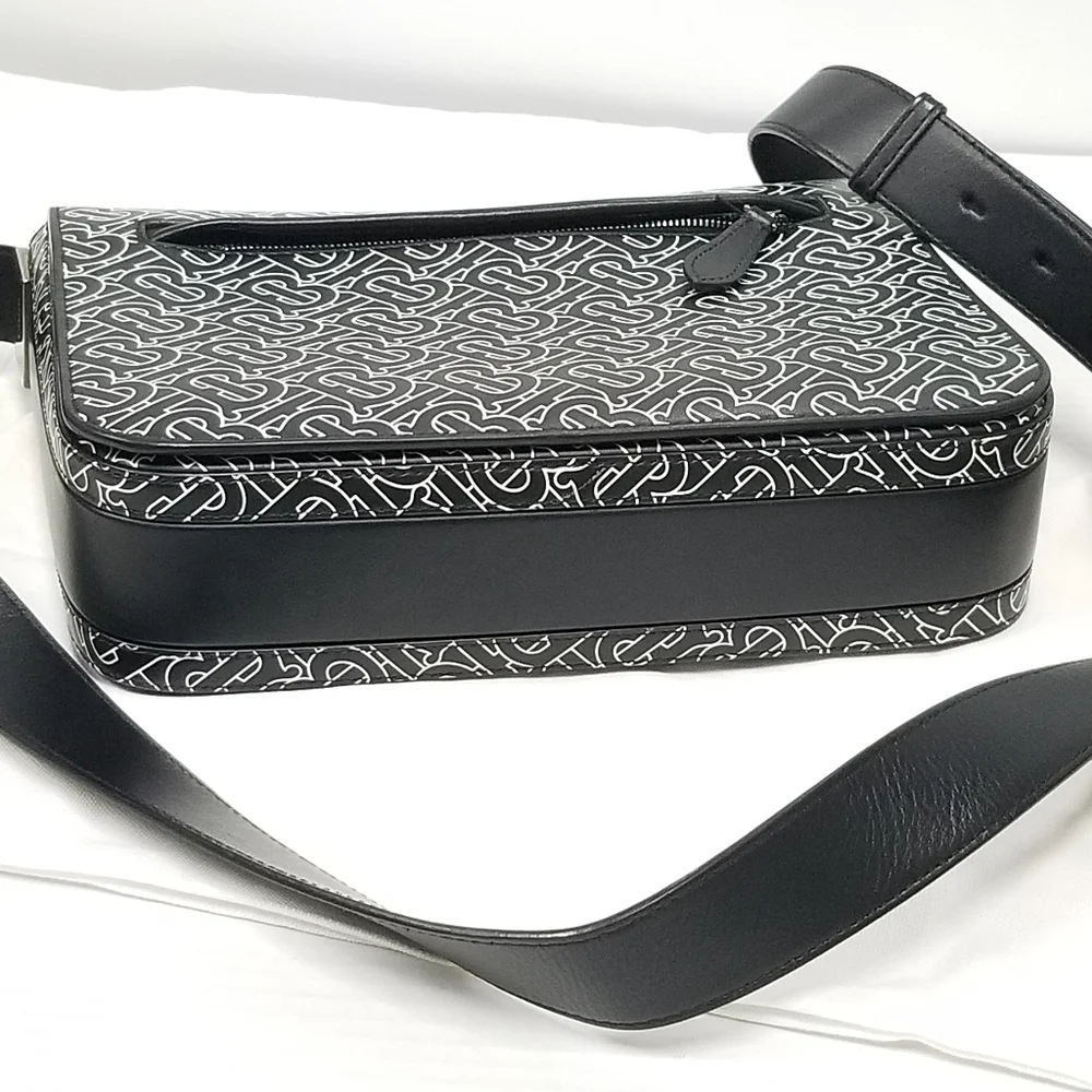 BURBERRY Calfskin Monogram TB Print Black and White Messenger Crossbody Bag